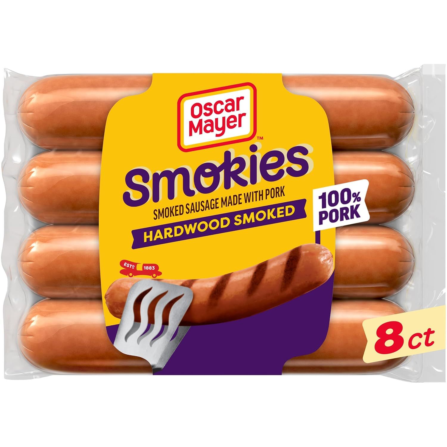 Shows the core product, an 8-count package of Oscar Mayer Smokies hardwood smoked sausages, clearly visible through the packaging to communicate what the shopper is purchasing. Displays the retail…