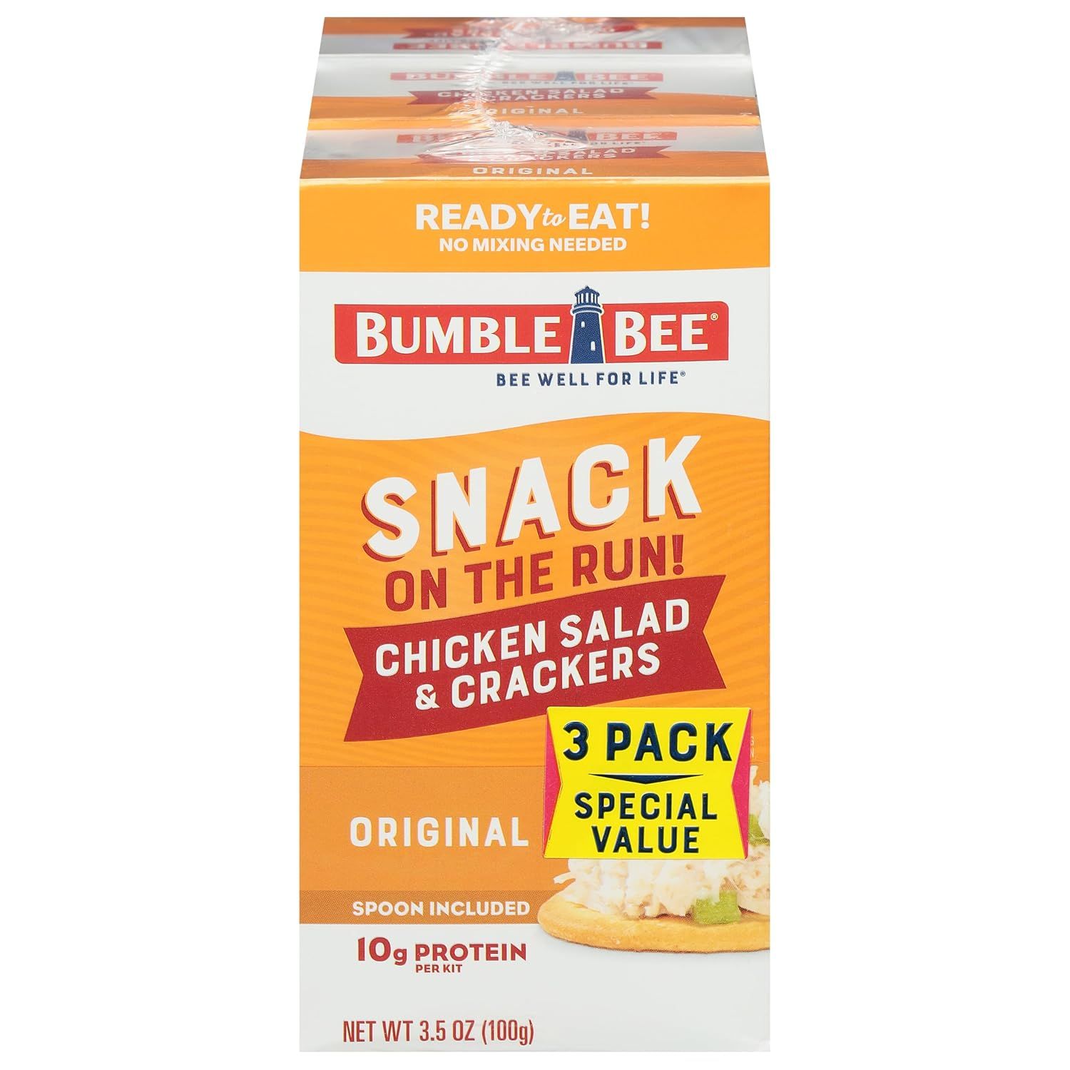 Shows the retail packaging to help shoppers identify the product on shelf and understand they are purchasing a 3-pack value bundle of ready-to-eat chicken salad snack kits. Uses bright yellow value…