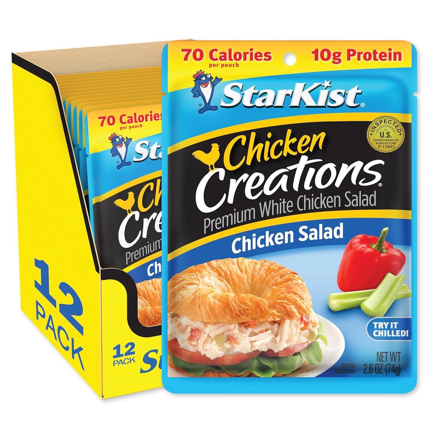 Shows the core sellable product, a 12-pack of StarKist Chicken Creations chicken salad pouches, clearly displaying both the individual pouch and the multi-pack box to communicate what the shopper…