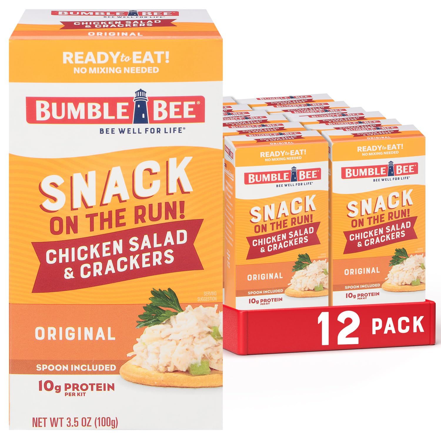 Shows the core product as a 12-pack of Bumble Bee chicken salad snack kits, communicating the quantity and convenience of the ready-to-eat format. Displays the actual retail packaging the buyer will…