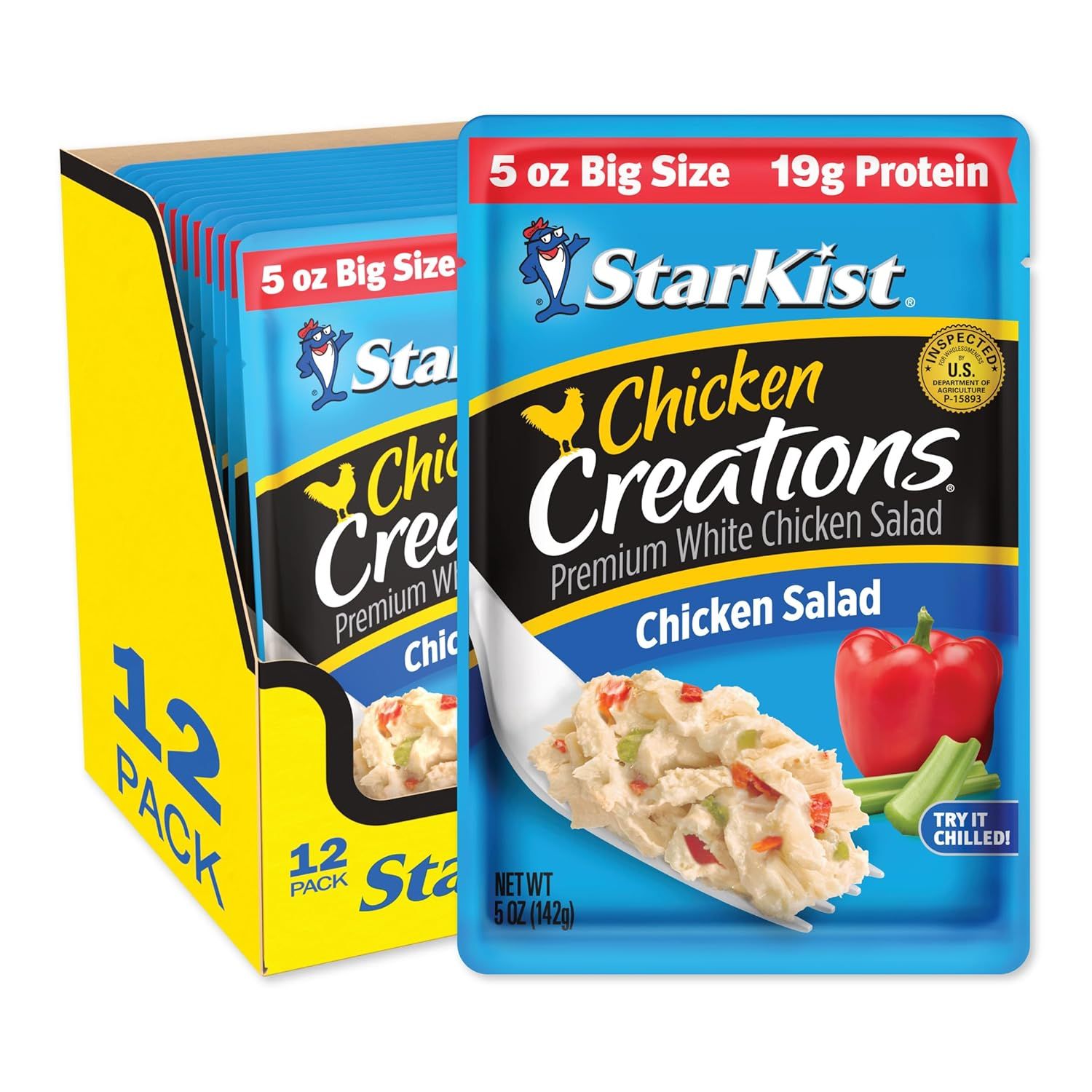 Shows the core sellable product, a 12-pack of StarKist Chicken Creations chicken salad pouches, highlighting the big size, high protein content, and premium quality to communicate value and…