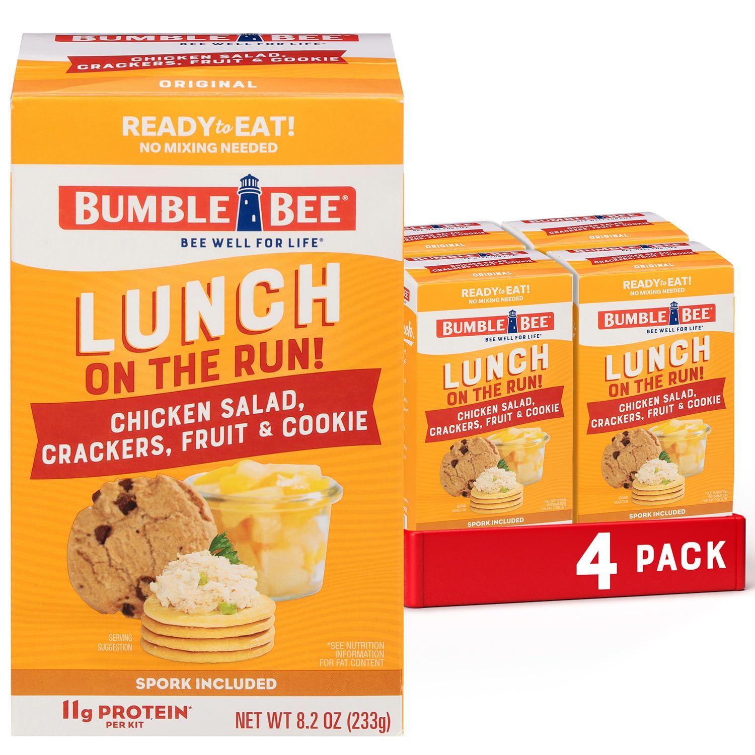 Shows the core sellable product—a 4-pack of Bumble Bee lunch kits—clearly displaying the packaging and contents to help shoppers understand what they are purchasing. Displays the retail packaging…