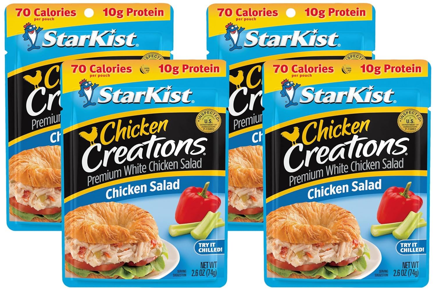 Shows the StarKist Chicken Creations product packaging in a multi-pack format to communicate what the shopper will receive and help them identify the product on the shelf. Displays the retail…