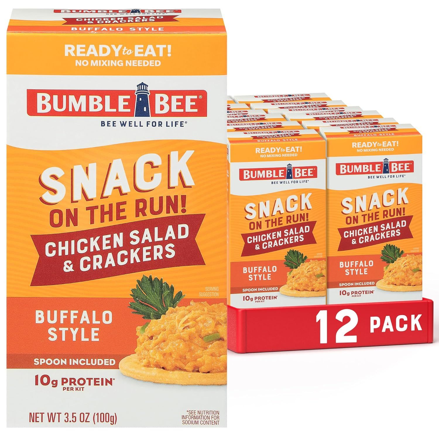 Shows the core product—a 12-pack of Bumble Bee chicken salad snack kits—clearly displayed with individual packaging visible to communicate the multi-pack format and convenience. Displays the retail…