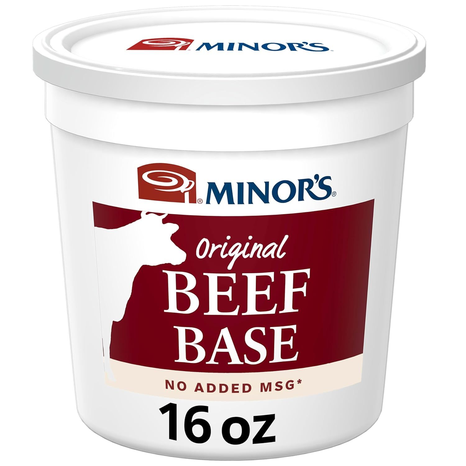Shows the core sellable product, a 16oz container of Minor's Original Beef Base, clearly displaying the brand, product type, and key feature (no added MSG) to help shoppers identify and select the…
