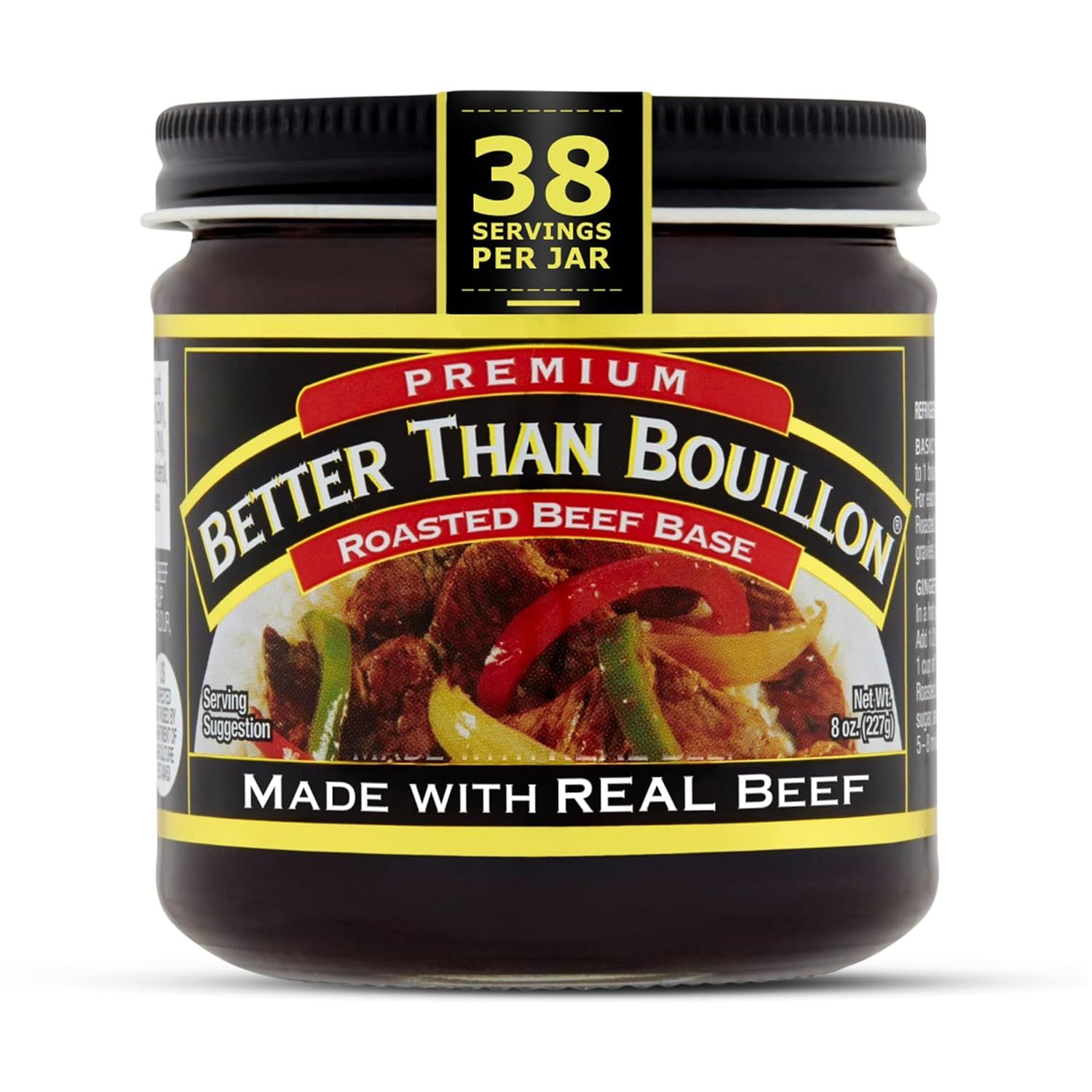 Displays the core product clearly on a white background to show shoppers exactly what they will receive, emphasizing the premium quality, real beef ingredients, and generous serving count.