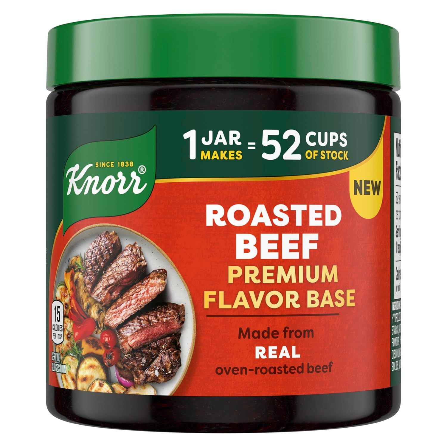 Displays the Knorr roasted beef flavor base jar to show shoppers the product packaging, brand, and key selling points including that it makes 52 cups of stock and is made from real oven-roasted beef.