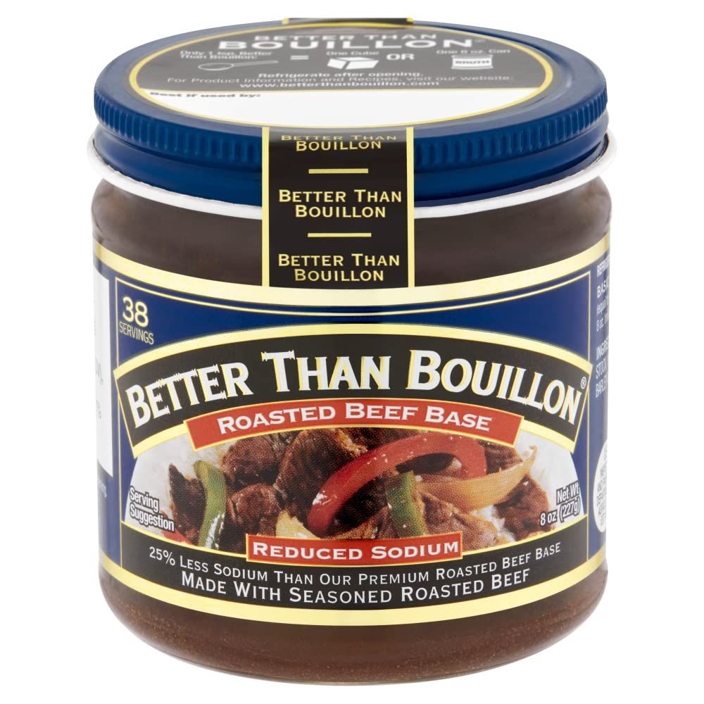 Shows the core product—a jar of Better Than Bouillon roasted beef base—clearly displaying the brand, flavor, and reduced sodium benefit to help shoppers identify and evaluate the product. Displays…