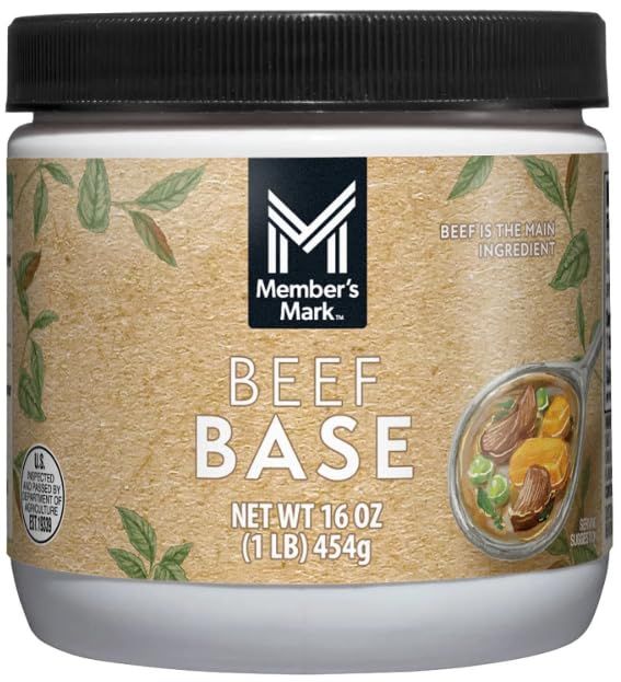 Shows the core sellable product, a Member's Mark Beef Base jar, clearly displaying the brand, product name, and net weight to help shoppers identify what they are purchasing. Displays the actual…
