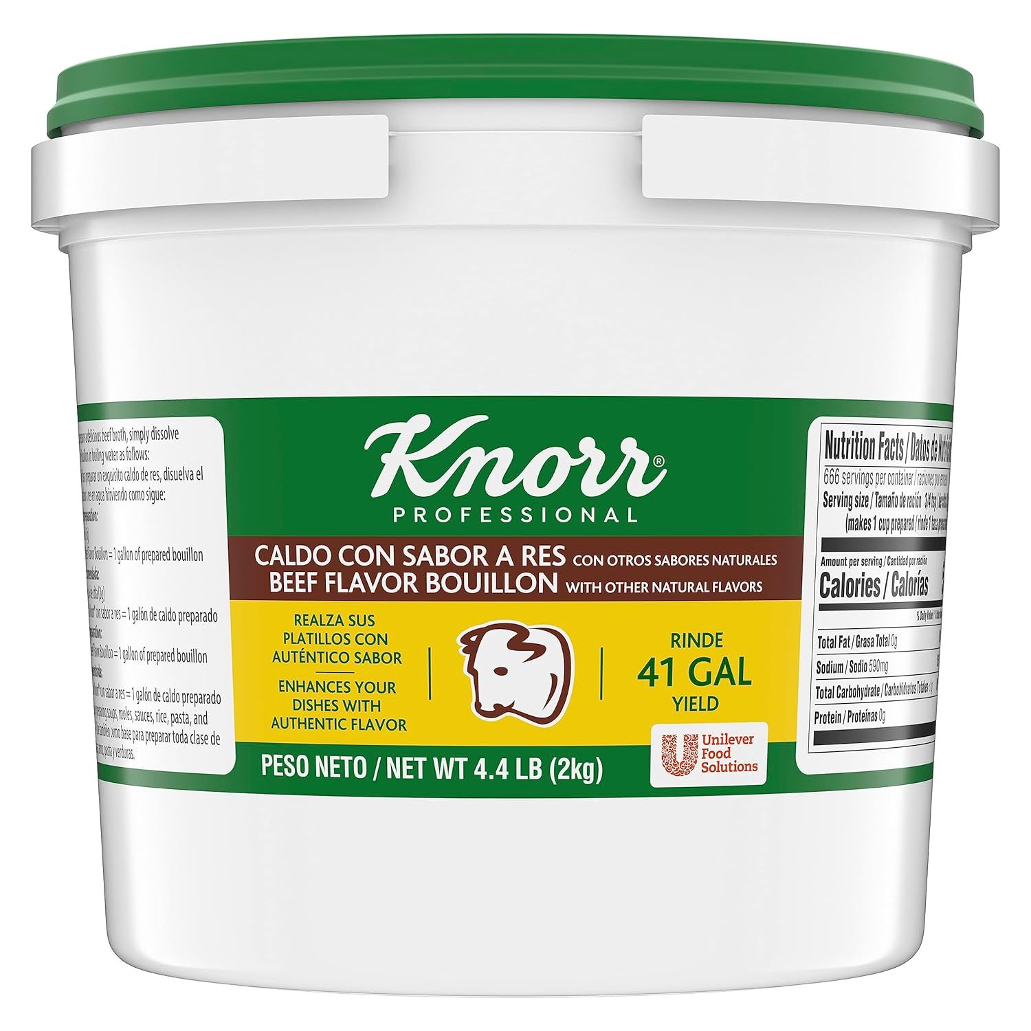 Shows the core sellable product, a large commercial-sized Knorr Professional beef bouillon container, clearly displaying the brand, product type, yield, and packaging to help professional buyers…