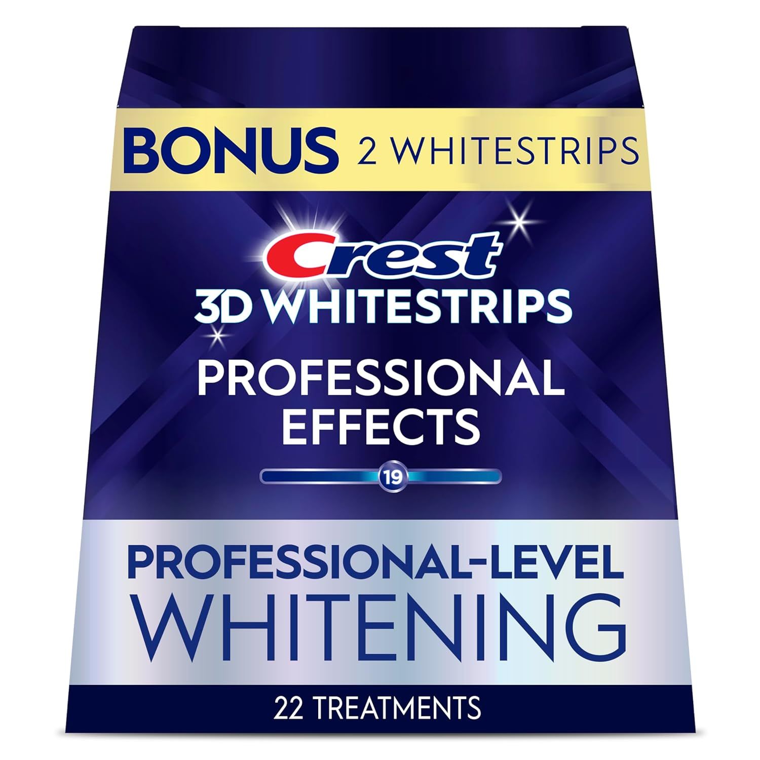 Shows the retail packaging to communicate the product brand, key benefit of professional-level whitening, and bonus value of extra whitestrips included. Uses sparkle and starburst visual effects…