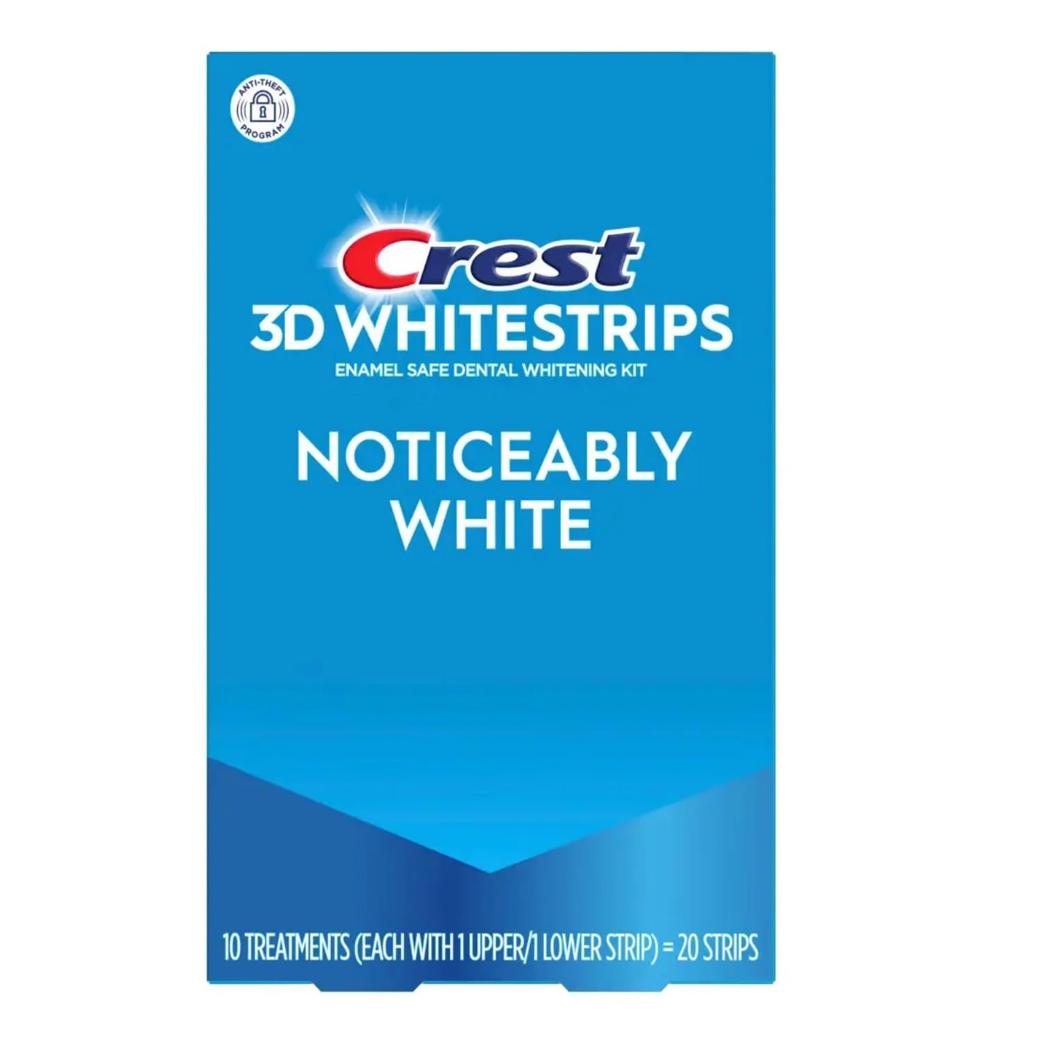 Shows the retail packaging for Crest 3D Whitestrips to help shoppers identify the product on shelf and understand what they will receive, emphasizing the noticeably white results and enamel-safe…