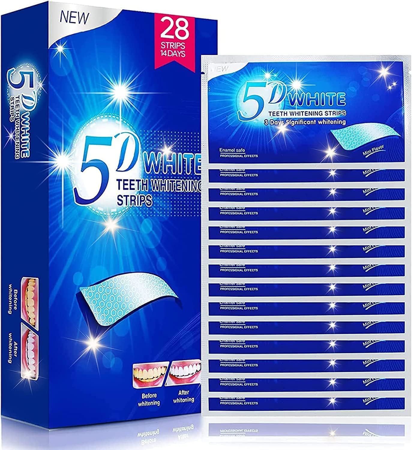 Displays the core product—5D White teeth whitening strips—showing both the retail box and the individual strips to communicate what the shopper will receive. Shows the physical retail packaging the…