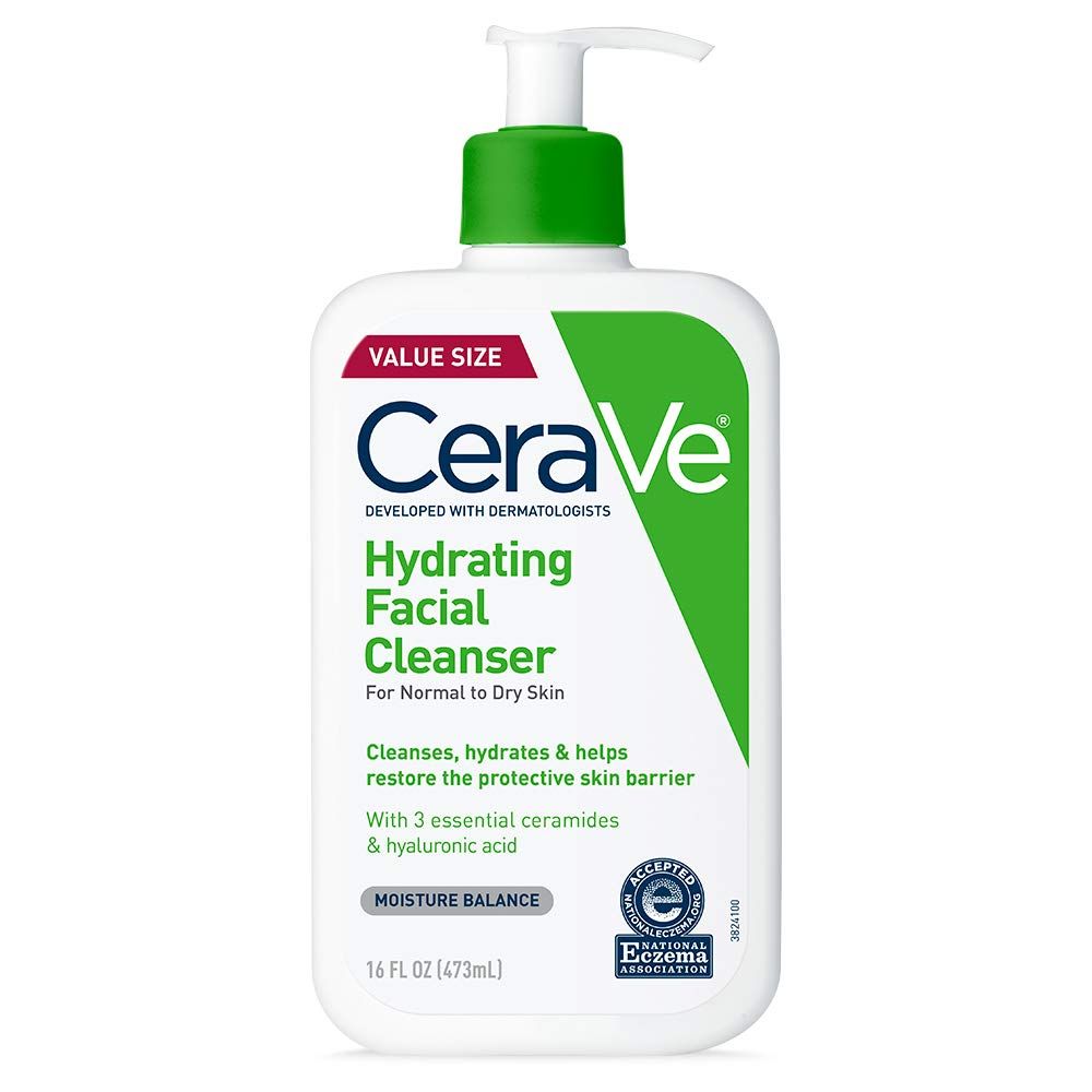 Displays the core product clearly on a white background, showing the CeraVe hydrating facial cleanser bottle with its pump dispenser, allowing shoppers to see exactly what they will receive. Shows…