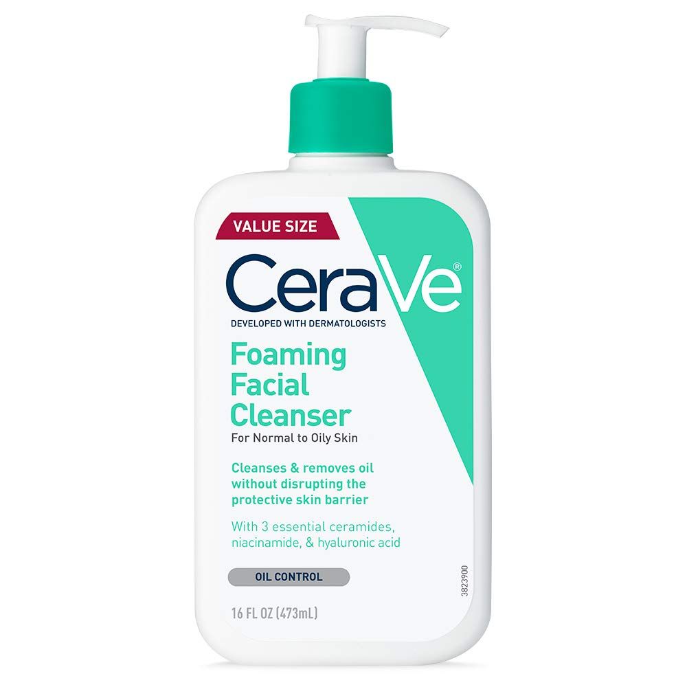Displays the CeraVe foaming facial cleanser bottle clearly to show the product packaging, branding, and key benefits like oil control and skin barrier protection for normal to oily skin.
