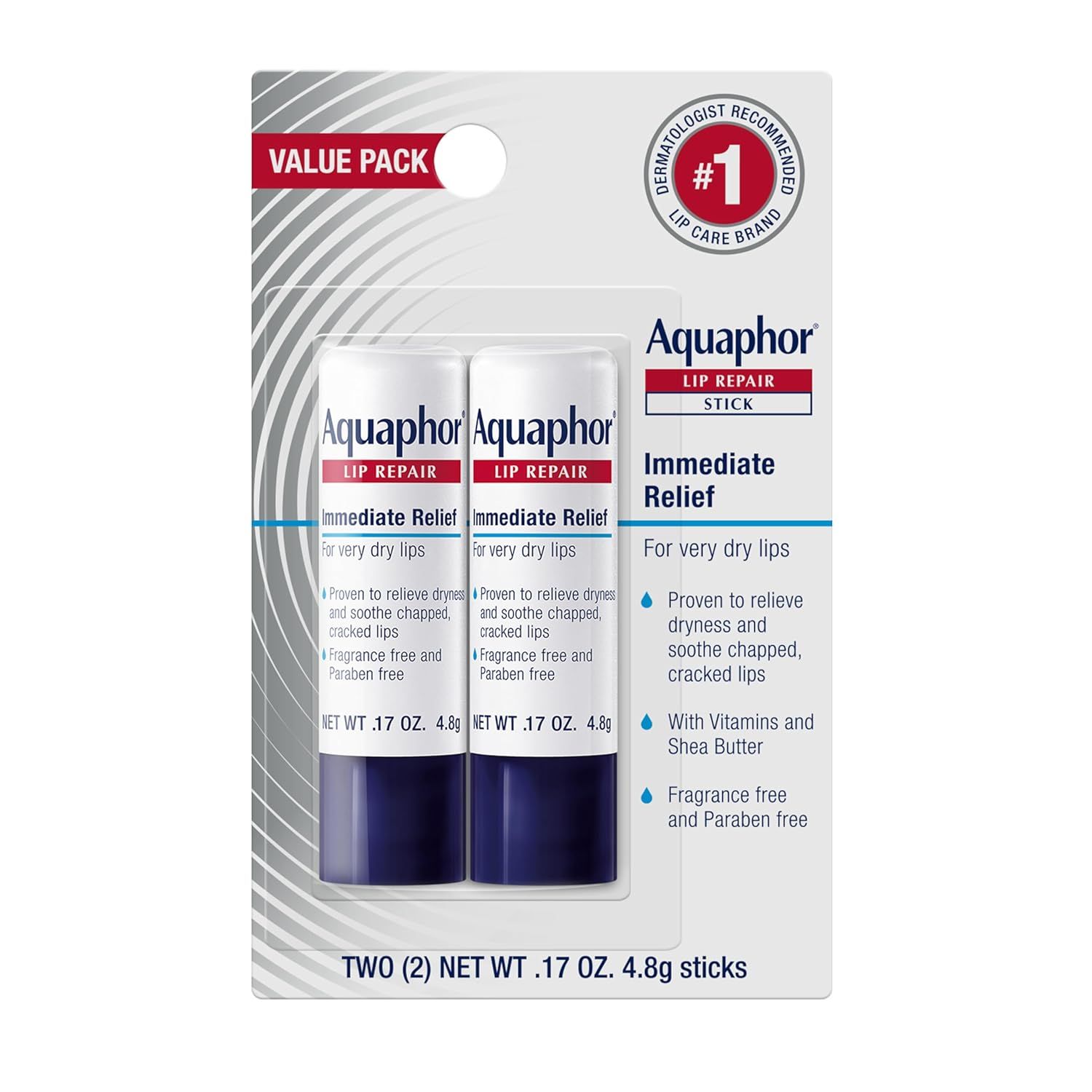 Shows the core product—two Aquaphor Lip Repair sticks—clearly visible in retail packaging, allowing shoppers to see exactly what they will receive. Displays the physical retail packaging with hang…