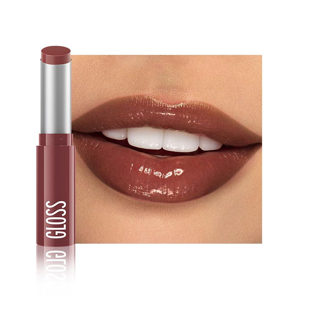 Shows the core product (lip gloss tube) alongside a close-up of lips wearing the shade to demonstrate the exact color, glossy finish, and application result, helping shoppers visualize how the…