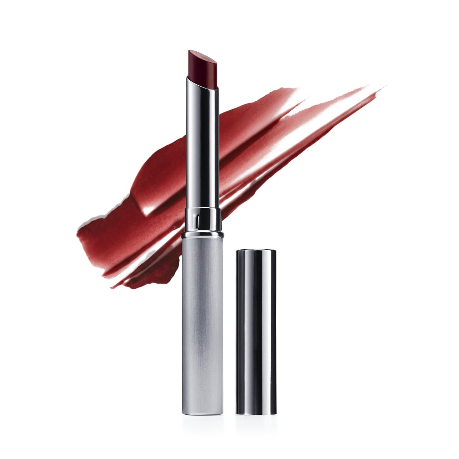 Shows the lipstick product with swatch marks to communicate the actual color and texture the shopper will receive, helping them visualize the product in use. Uses artistic lipstick swatch marks as a…
