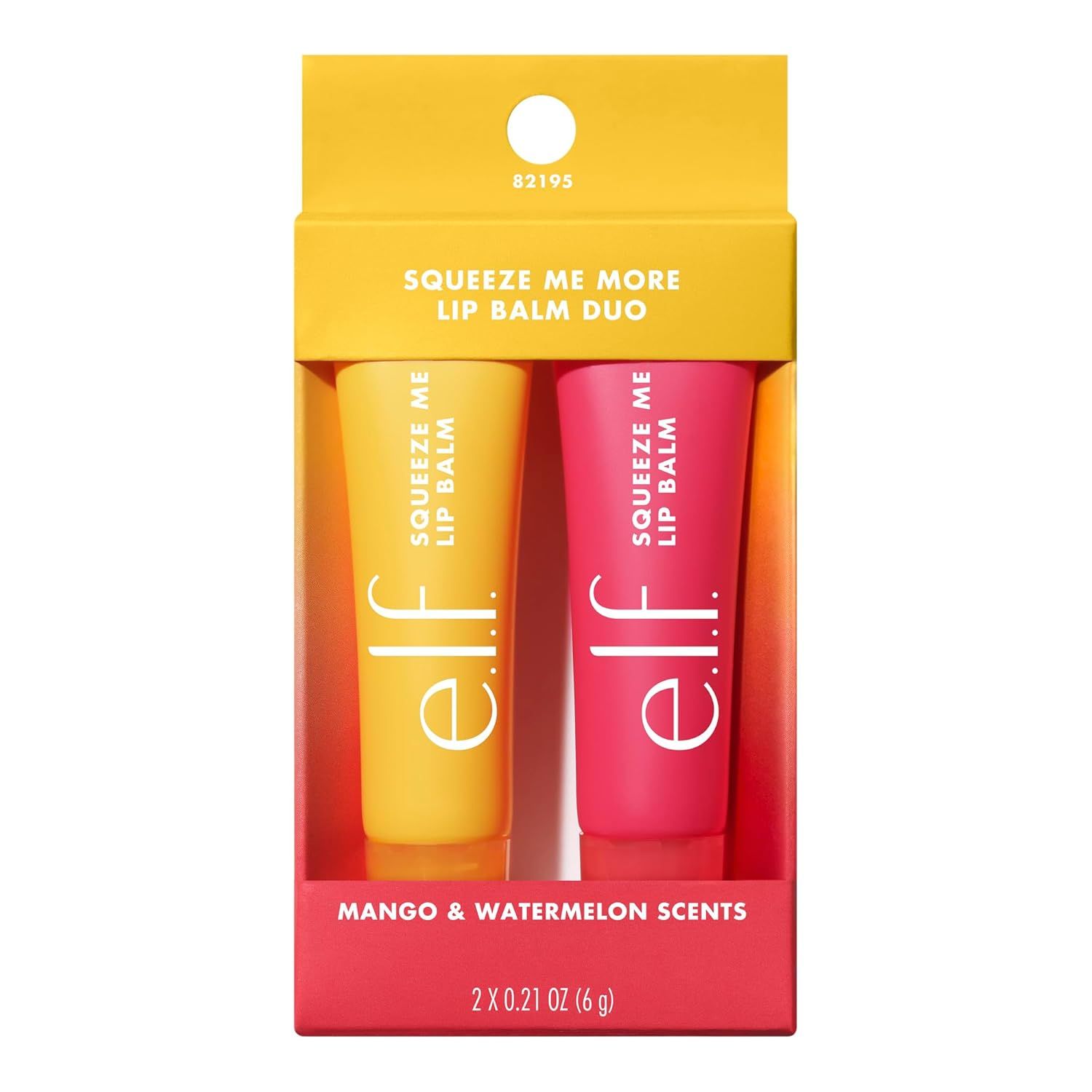 Shows the core product—a two-pack of e.l.f. Squeeze Me lip balms in Mango and Watermelon scents—clearly displayed in retail packaging to communicate what the shopper will receive. Displays the…