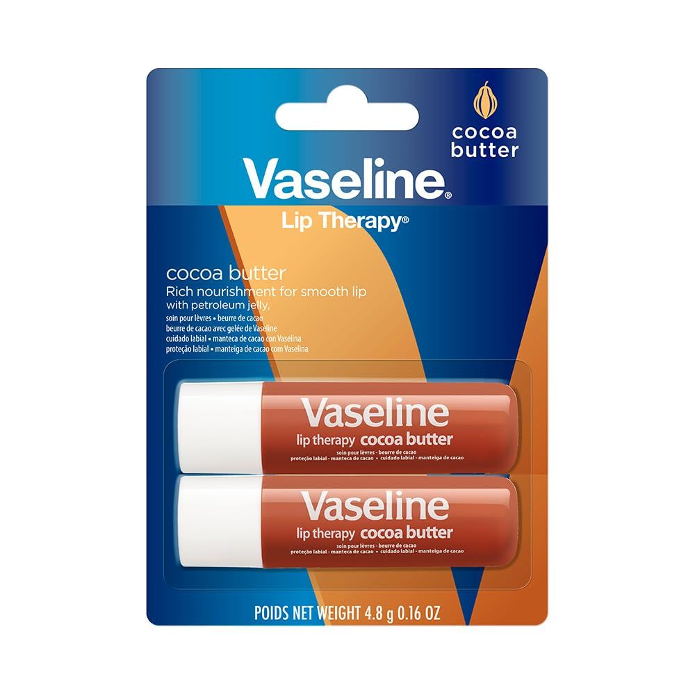Displays the core product clearly—two Vaseline Lip Therapy cocoa butter lip balms in retail packaging—so shoppers can see exactly what they are purchasing. Shows the retail packaging with branding,…