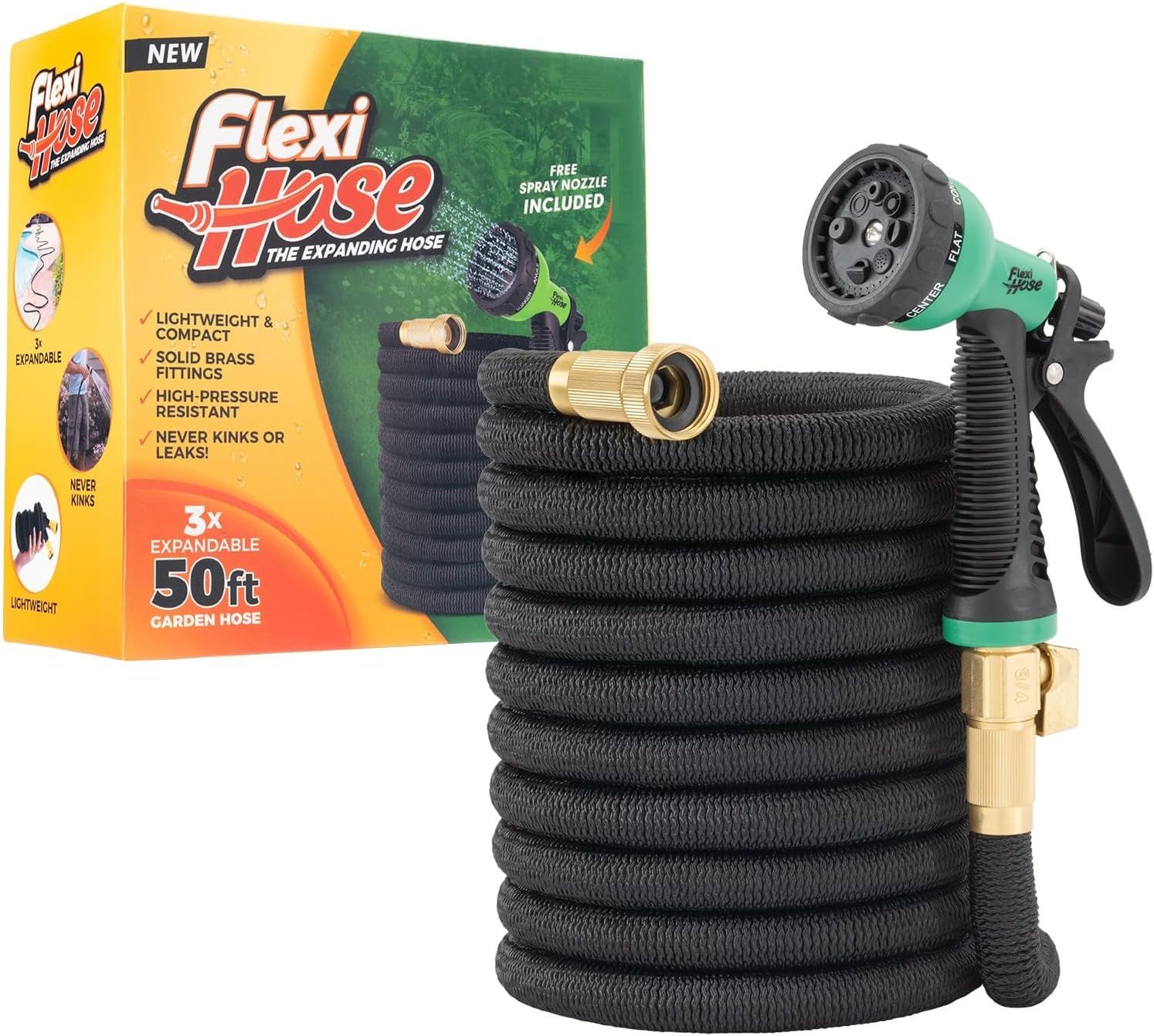 Shows the core product - a 50ft expandable garden hose with included spray nozzle and brass fittings - clearly displayed to help shoppers understand what they are purchasing. Displays the retail…