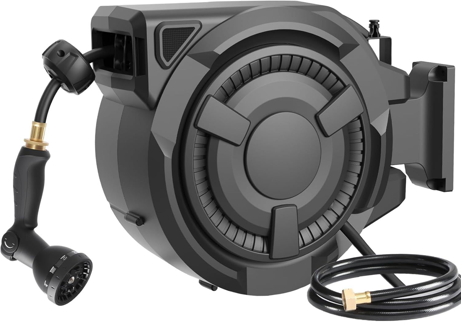 Displays the complete hose reel system with attached spray nozzle and hose to show shoppers exactly what they will receive and how the product looks assembled. Shows the included spray nozzle…