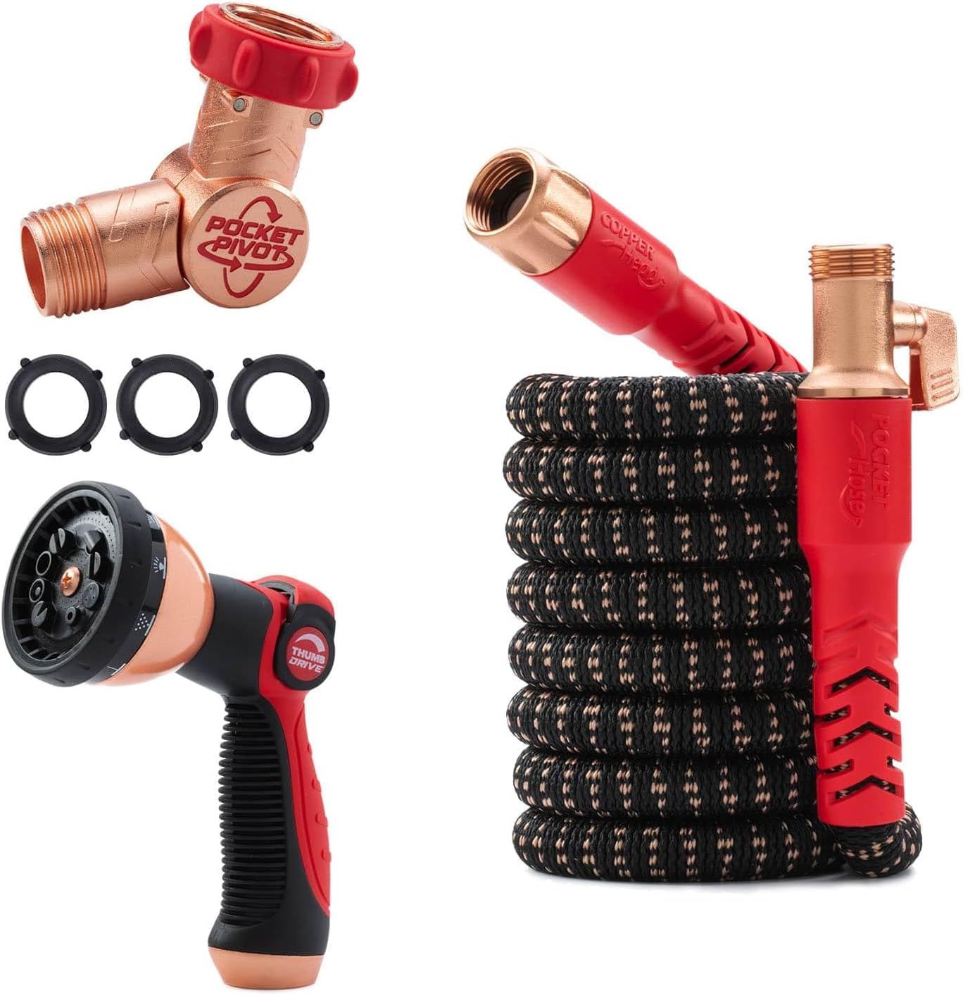 Shows the core product components including the expandable hose, brass valve, spray nozzle, and rubber washers to communicate what is included in the purchase. Displays all the included accessories…
