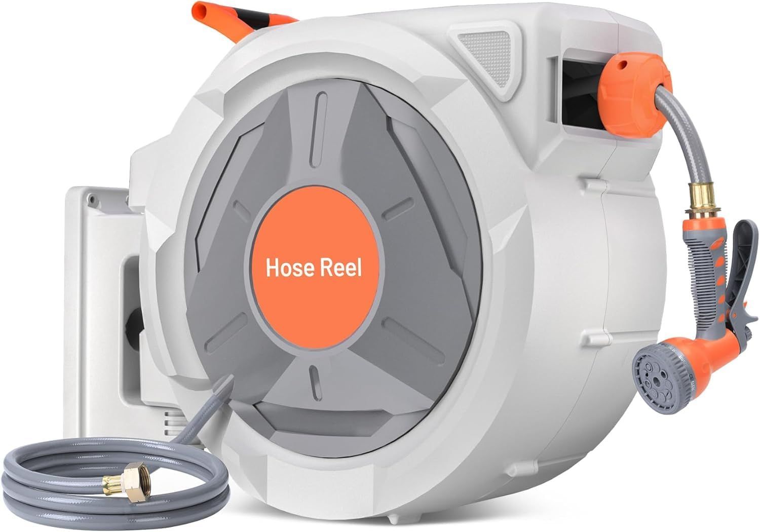 Displays the complete hose reel product with all its components including the wall-mounted reel unit, retractable hose, and spray nozzle to show shoppers exactly what they will receive. The orange…