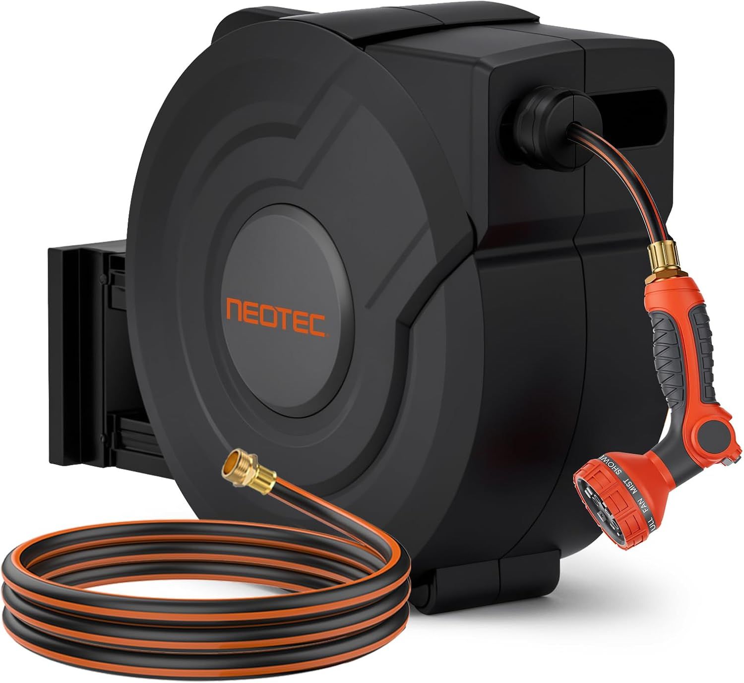 Displays the core product—a wall-mounted retractable hose reel with spray nozzle—clearly showing its design, branding, and included components to help shoppers understand what they are purchasing.
