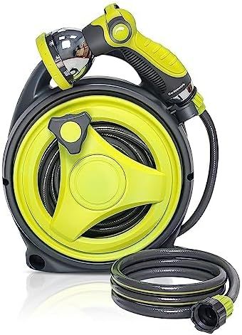 Displays the complete garden hose reel product with its spray nozzle attachment and coiled hose to show shoppers exactly what they will receive and how the product looks when assembled. Uses a…