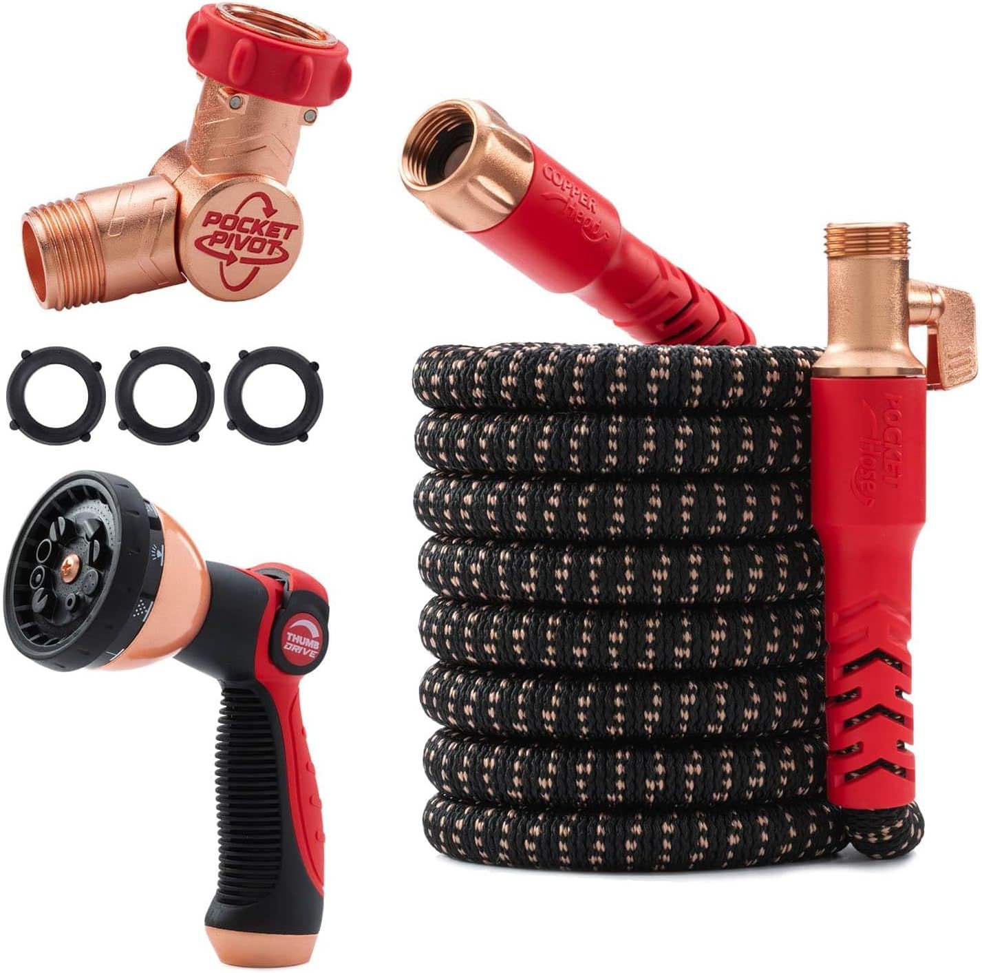 Displays the complete expandable garden hose product with all its core components clearly visible, allowing shoppers to see exactly what they are purchasing. Shows all included accessories and parts…
