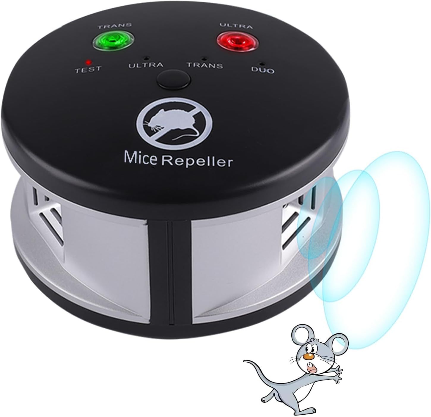 Shows the core mice repeller device with its control panel, indicator lights, and ultrasonic emission ports to communicate what the product looks like and how it operates. Uses blue ultrasonic wave…