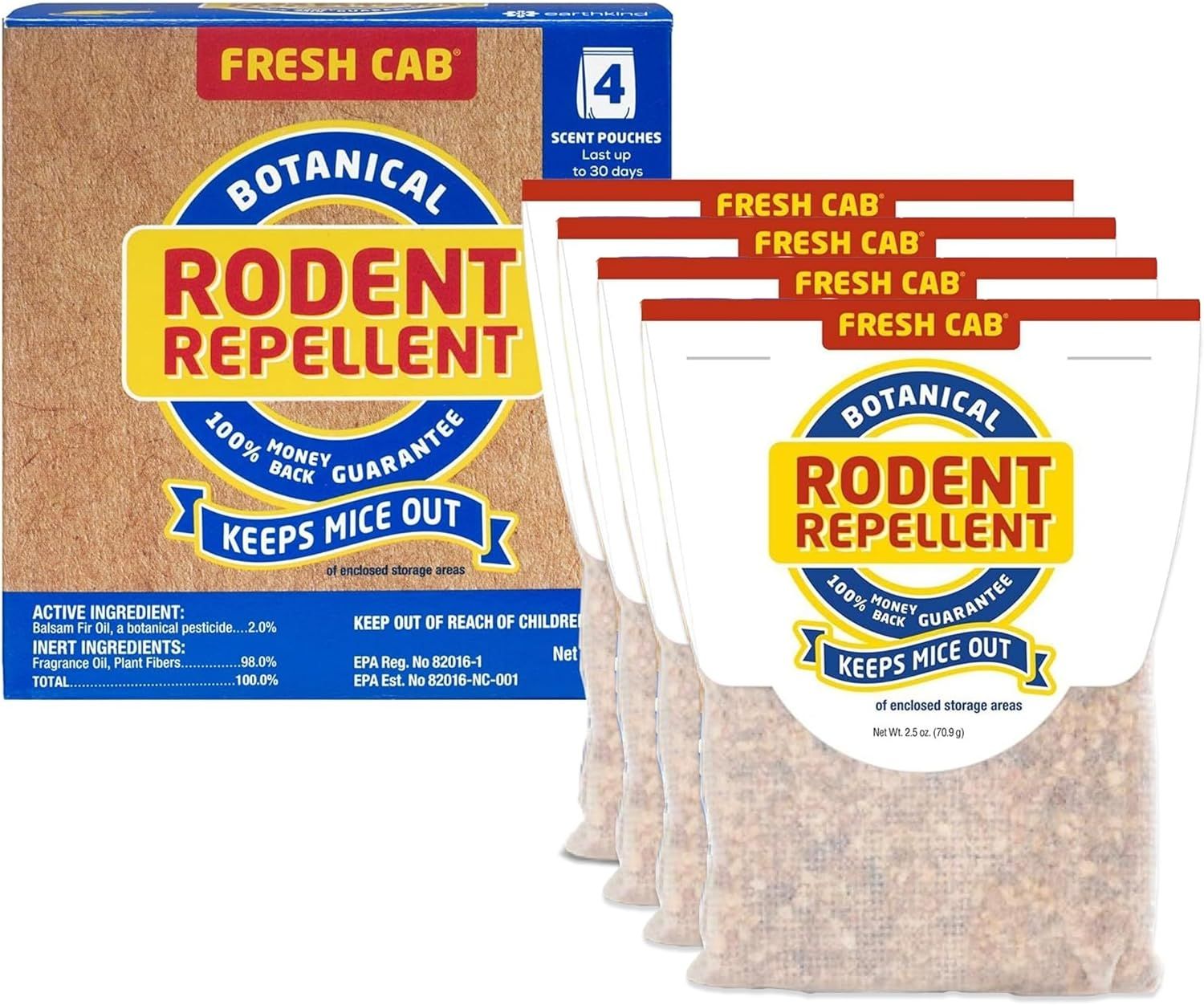 Shows the Fresh Cab rodent repellent product packaging and the four included scent pouches to communicate what the shopper will receive and how the product works to keep mice out of enclosed storage…
