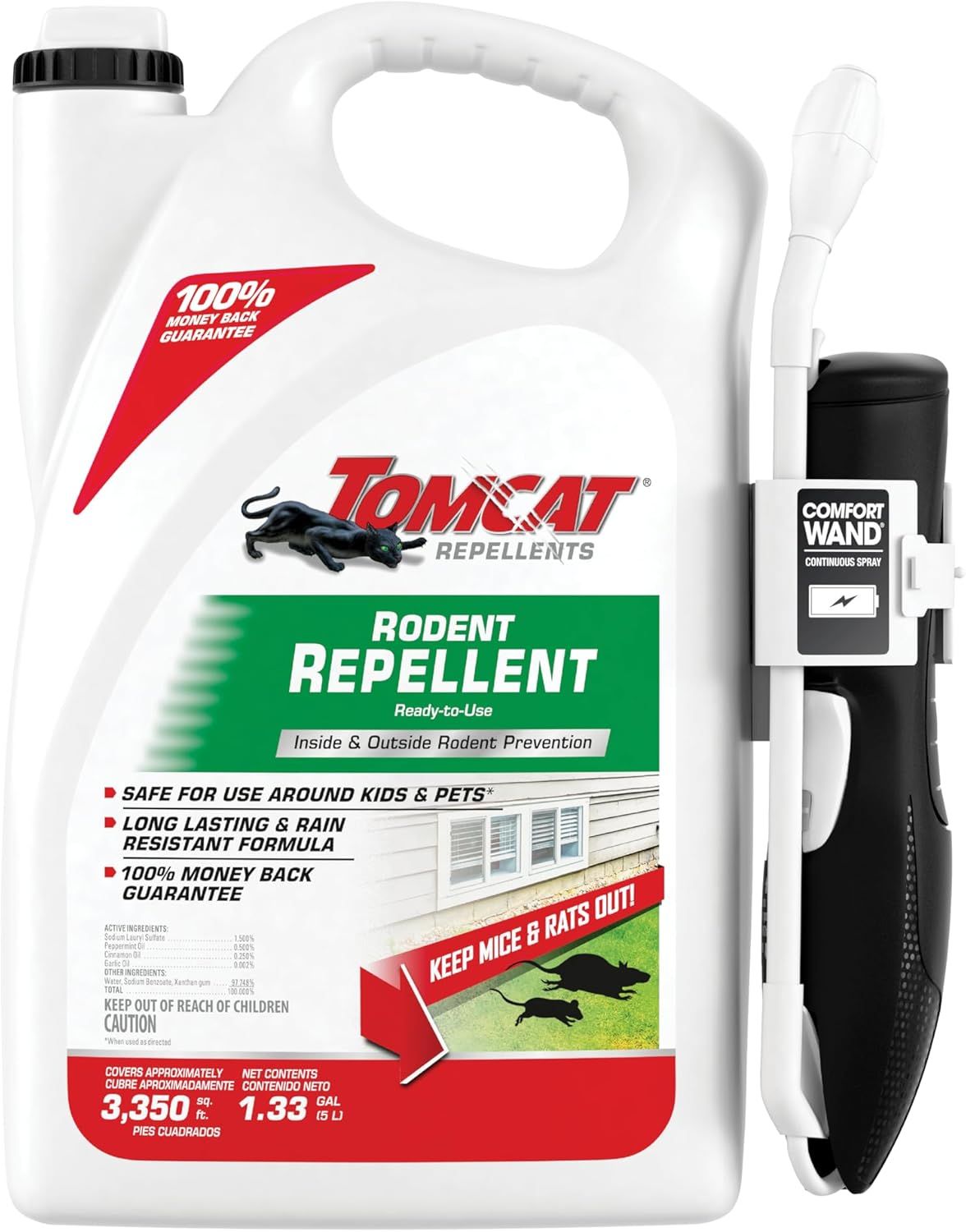 Shows the complete product package including the large jug of rodent repellent and the included Comfort Wand continuous spray applicator, communicating what the buyer receives. Demonstrates that the…