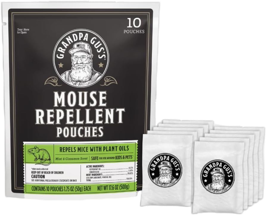 Shows the core product packaging and individual pouches to communicate what the buyer will receive - a box containing 10 mouse repellent pouches. Displays the individual repellent pouches that come…