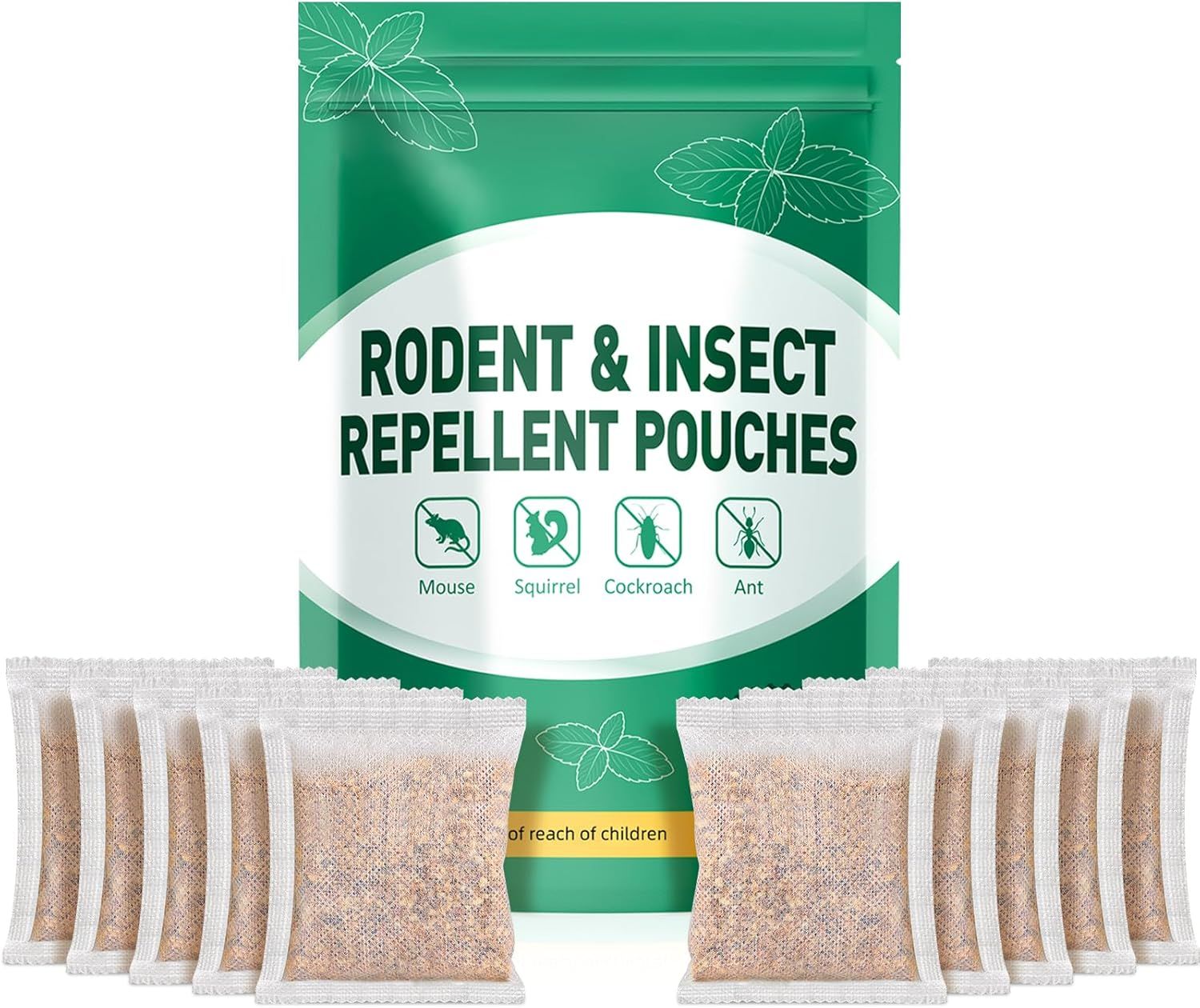 Shows the core product—a green retail pouch of rodent and insect repellent pouches—along with multiple individual repellent sachets to communicate what the buyer receives and the product's pest…