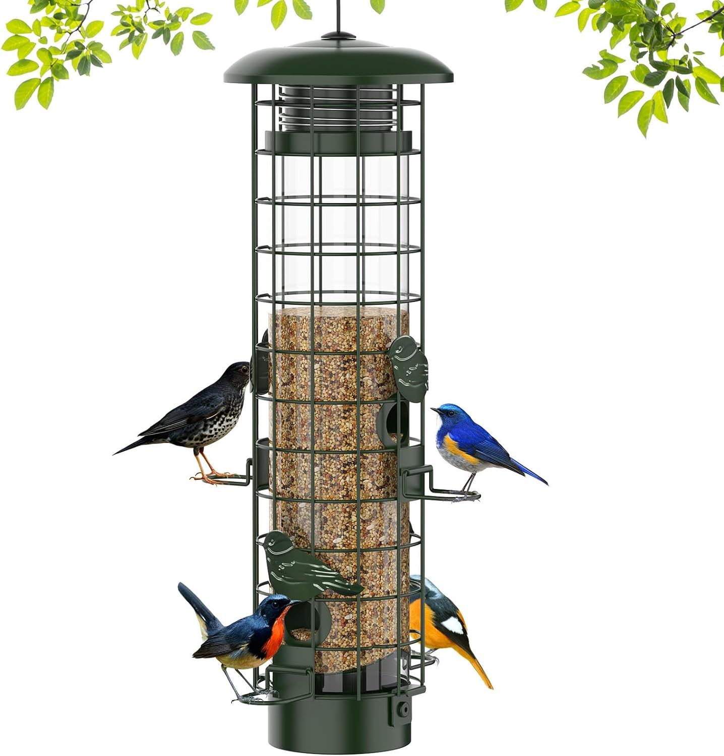 Shows the core product, a hanging bird feeder with a protective wire cage design, filled with seed and demonstrating its capacity and multi-perch functionality to attract various bird species.…