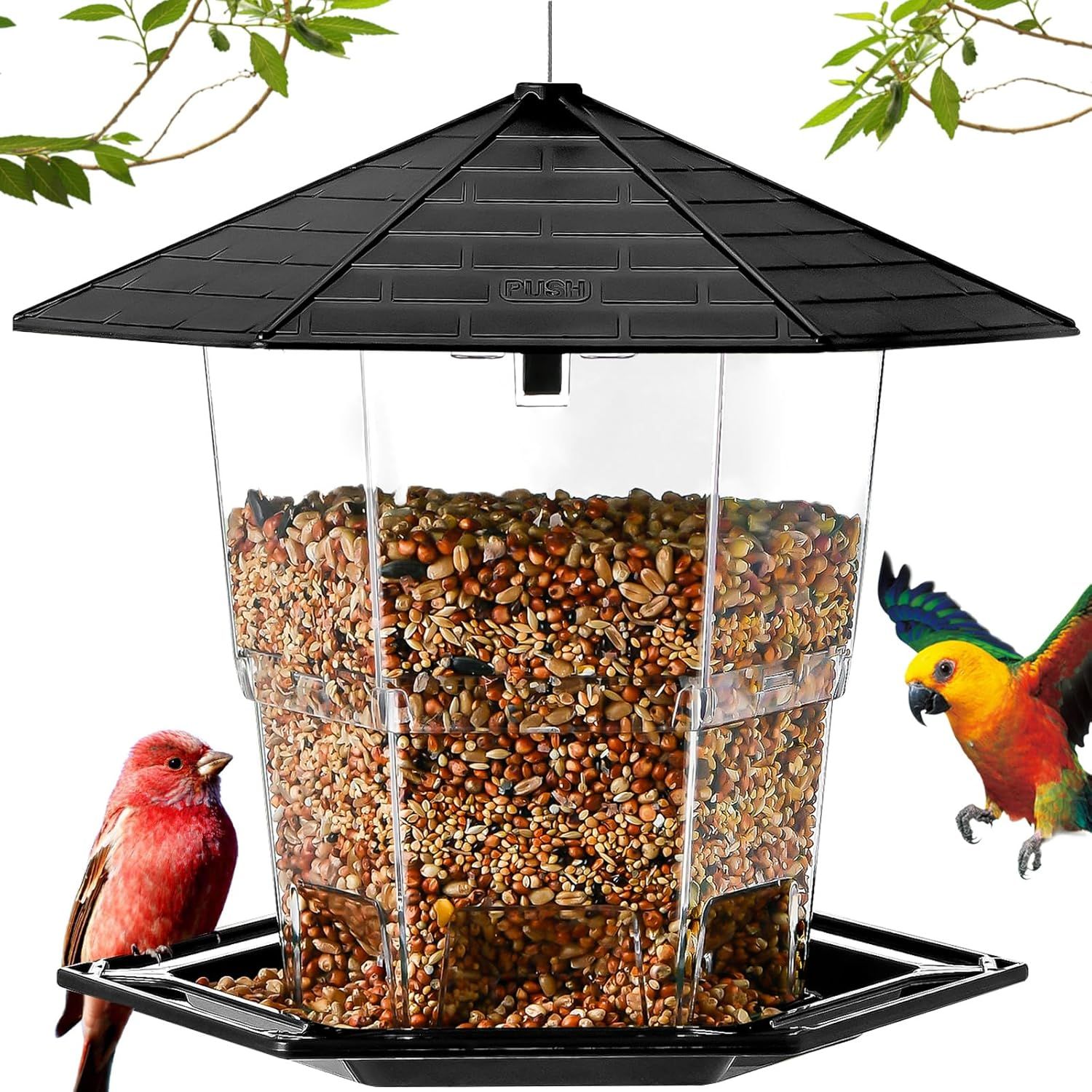 Shows the core product—a hanging bird feeder with a clear seed reservoir and protective roof—to communicate its design, capacity, and functionality for attracting and feeding birds. Includes…