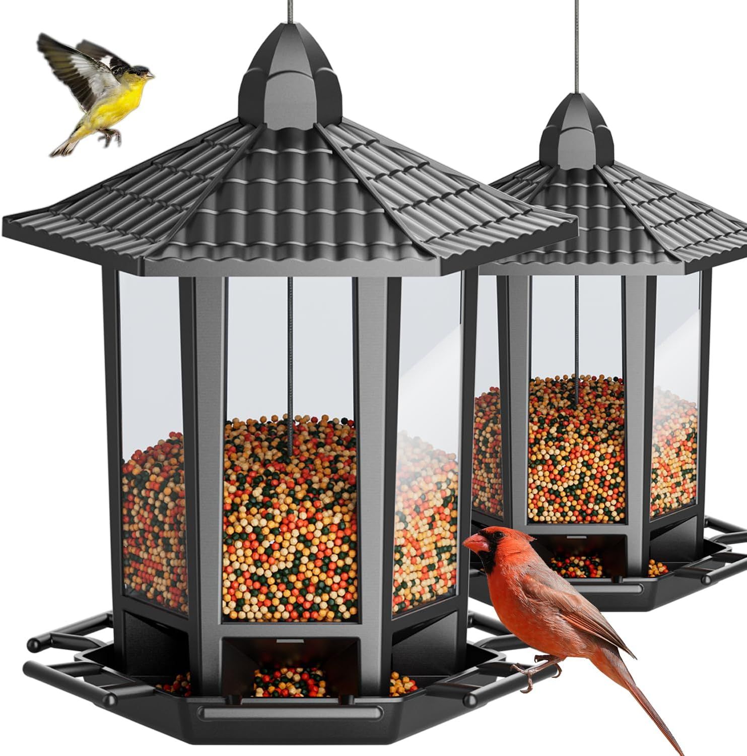 Shows the core product—a decorative hanging bird feeder with Asian-inspired pagoda roof design—clearly displaying its structure, seed capacity, and multiple feeding ports to help shoppers understand…