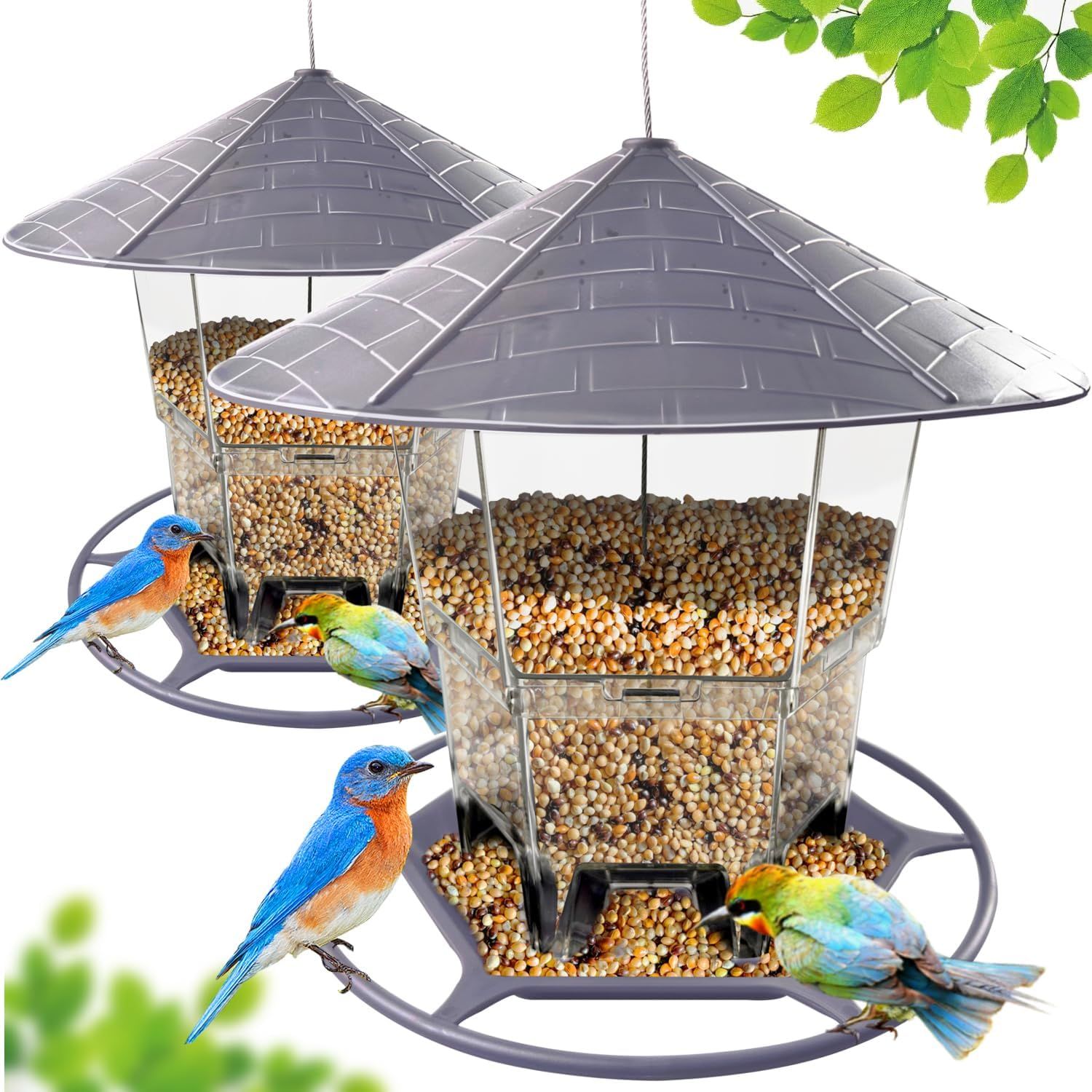 Shows the core product—a hanging bird feeder with a protective roof and transparent seed chamber—to communicate its design and functionality for attracting and feeding birds. Demonstrates the…