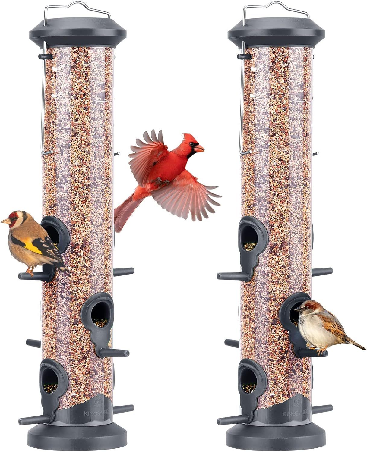 Shows the bird feeder product with multiple feeding ports and large seed capacity to communicate its ability to accommodate multiple birds simultaneously. Demonstrates real-world use by showing…