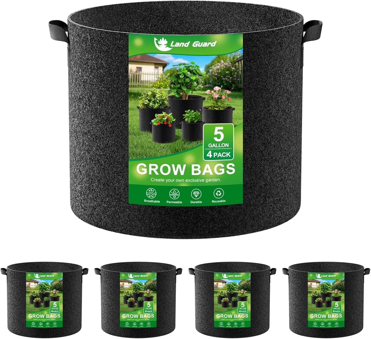 Shows the core product—fabric grow bags with handles—clearly displayed to communicate what the shopper is purchasing, including the multi-pack quantity. Displays the retail label affixed to each…