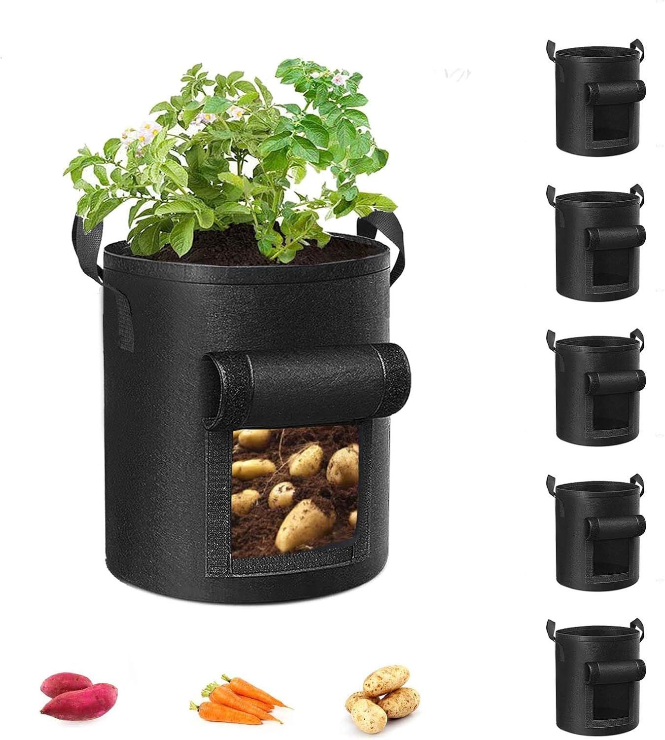 Shows the core product, a fabric grow bag for potatoes and vegetables, with a clear view of its key features including the viewing window for harvesting and handles for portability. Demonstrates how…