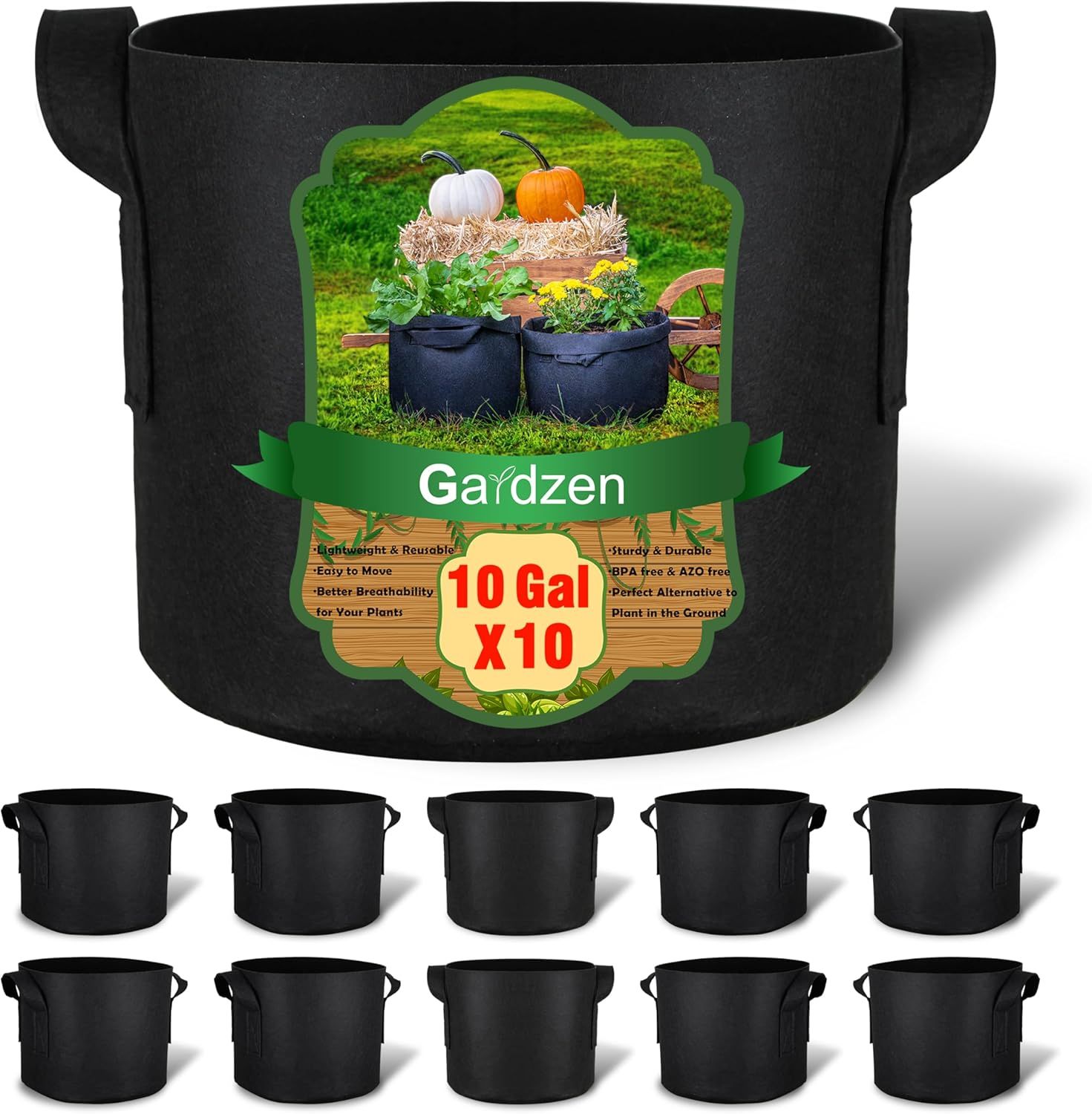 Shows the core product—a set of 10 black fabric grow bags—clearly displayed to communicate the multi-pack quantity and the product's appearance. Uses a large graphic label with lifestyle imagery,…