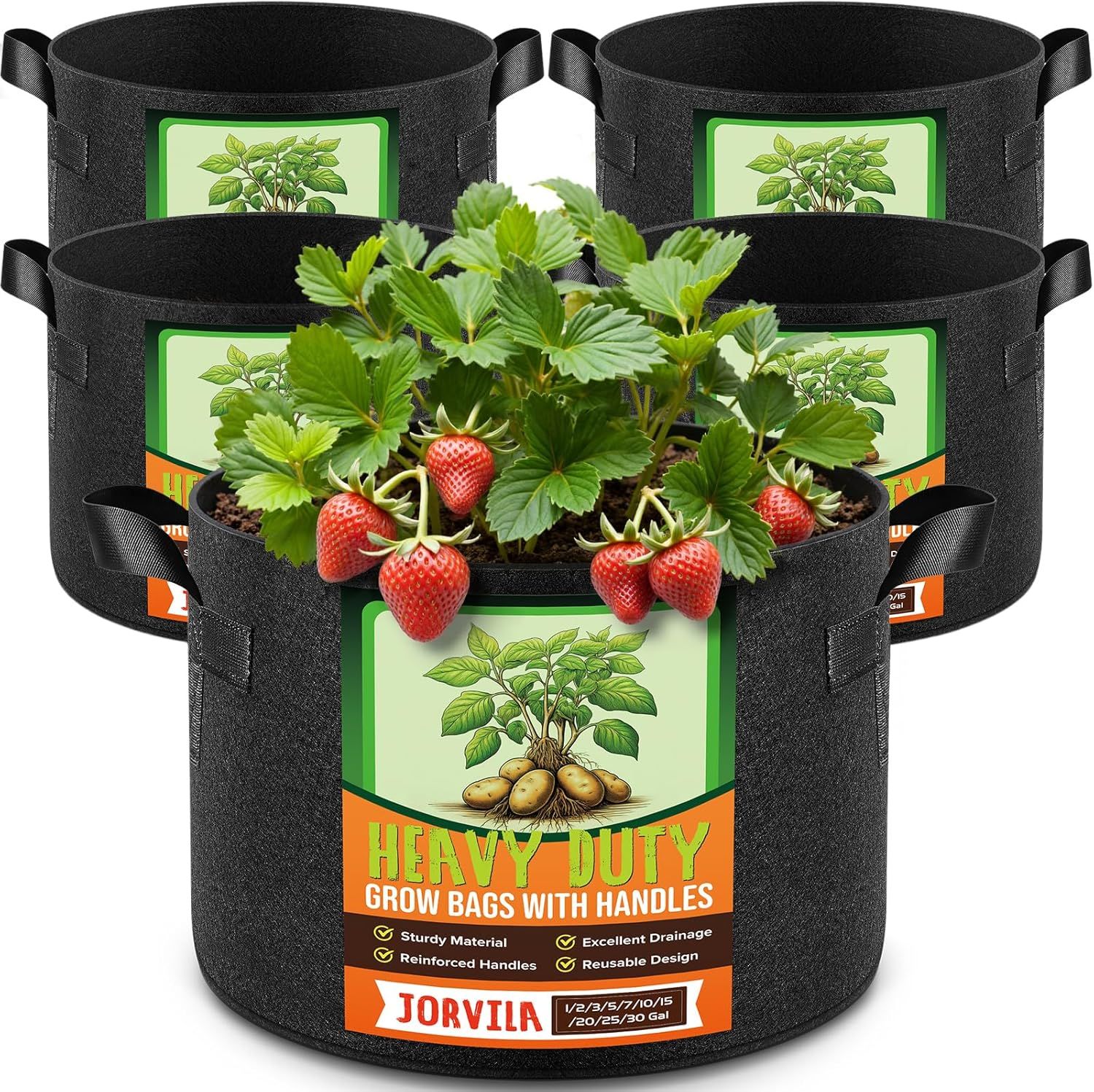 Shows the core product—fabric grow bags—with a live strawberry plant demonstrating their gardening use. Communicates that these are functional, multi-size planting containers designed for growing…
