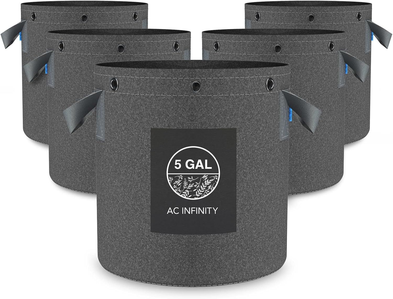 Shows the core product - a set of five 5-gallon fabric grow bags with handles and ventilation holes - clearly displaying what the buyer will receive. Displays the AC Infinity branded label on the…
