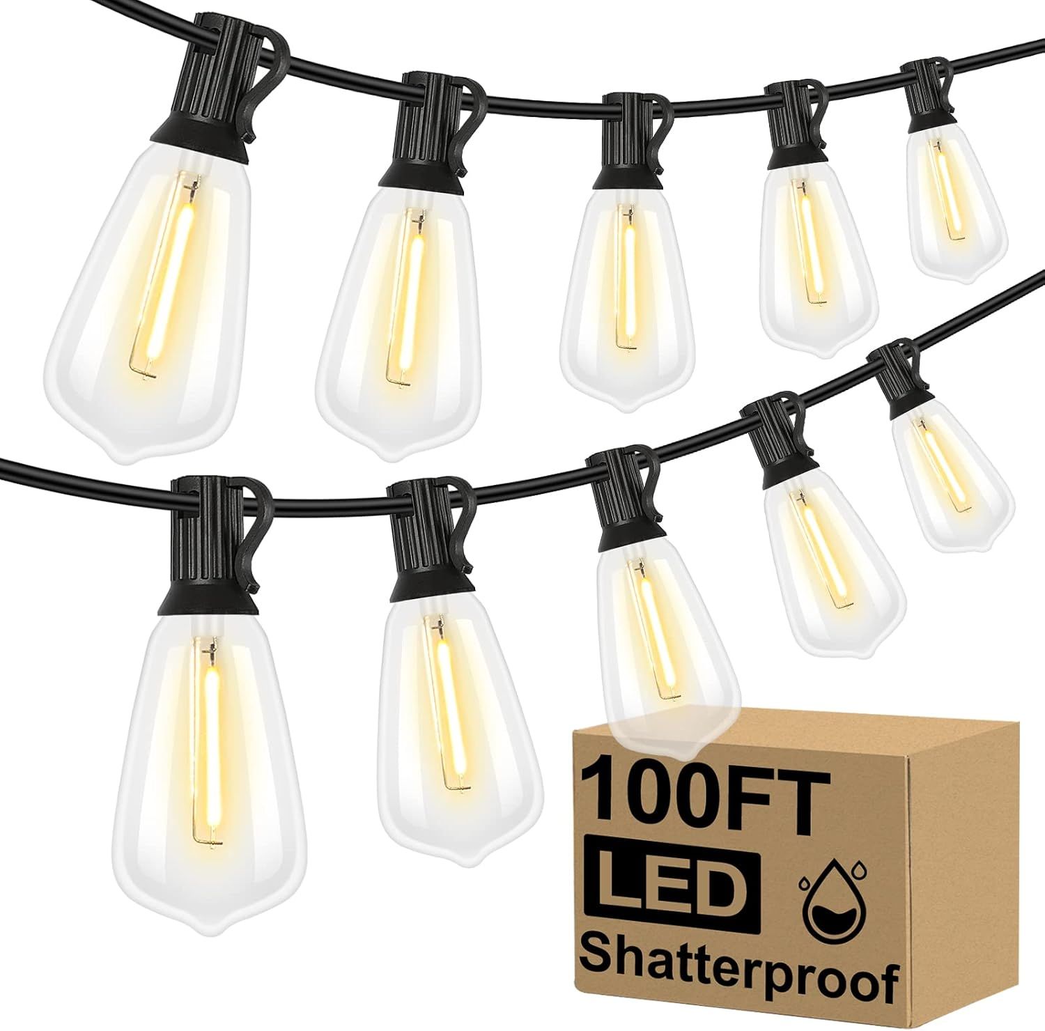 Shows the core product—a string of LED lights with vintage-style Edison bulbs—clearly displayed to help shoppers understand what they are purchasing. Displays the retail packaging with key product…