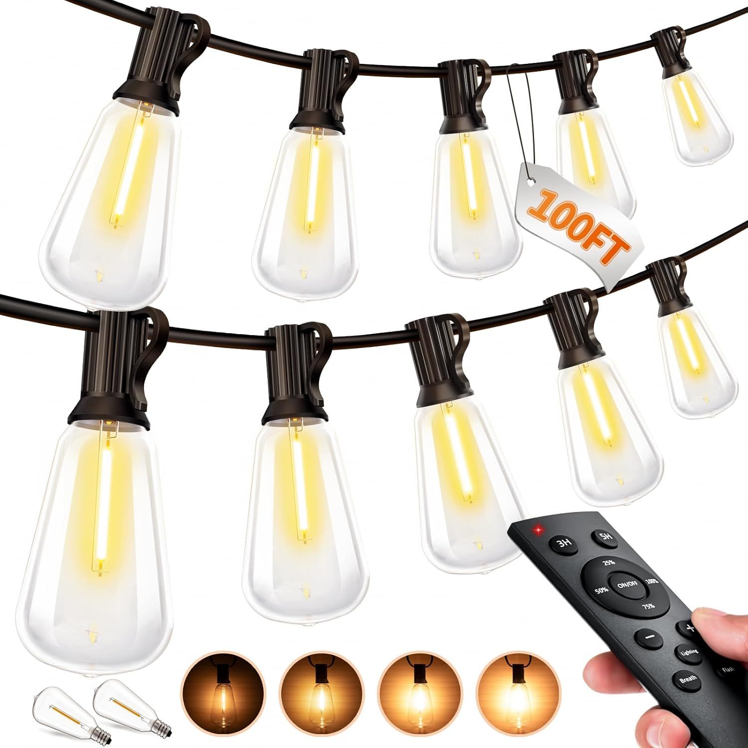 Shows the core product—a string of vintage-style LED bulbs with remote control—to communicate what the shopper will receive and how it looks when lit. Highlights key product specifications and…