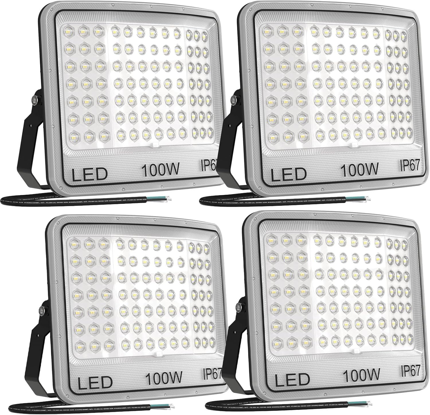 Shows four identical 100W LED floodlights as a multi-pack set, allowing shoppers to see the product clearly and understand they are purchasing multiple units together.