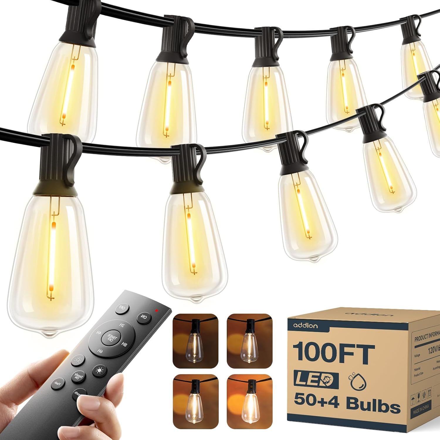 Shows the core product - a 100-foot LED string light set with vintage-style Edison bulbs - to communicate what the buyer will receive. Displays the included accessories that come with the string…